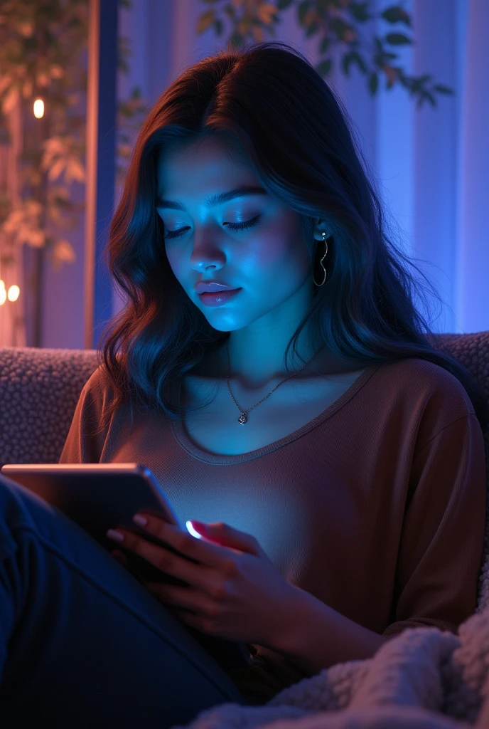 A girl is sitting on a sofa in a dark bright room with the inscription luminous esstellina with an iPad tablet and a chic outfit in brown
