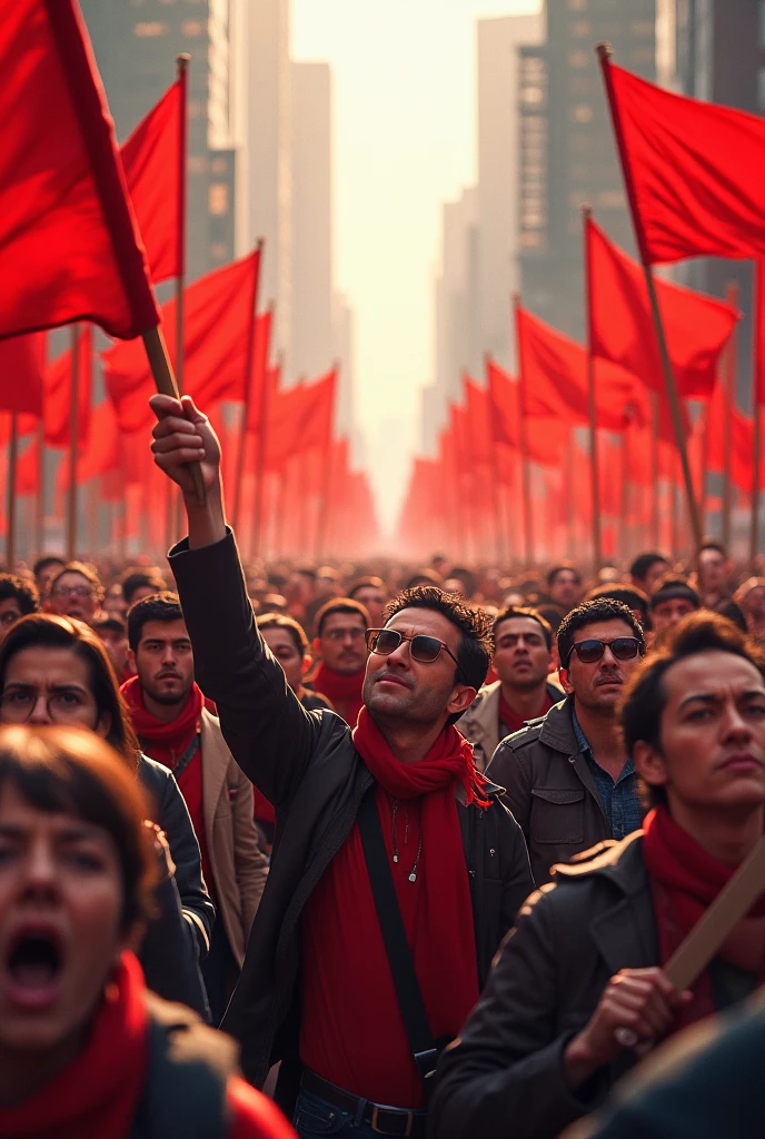 Crowd with red flags