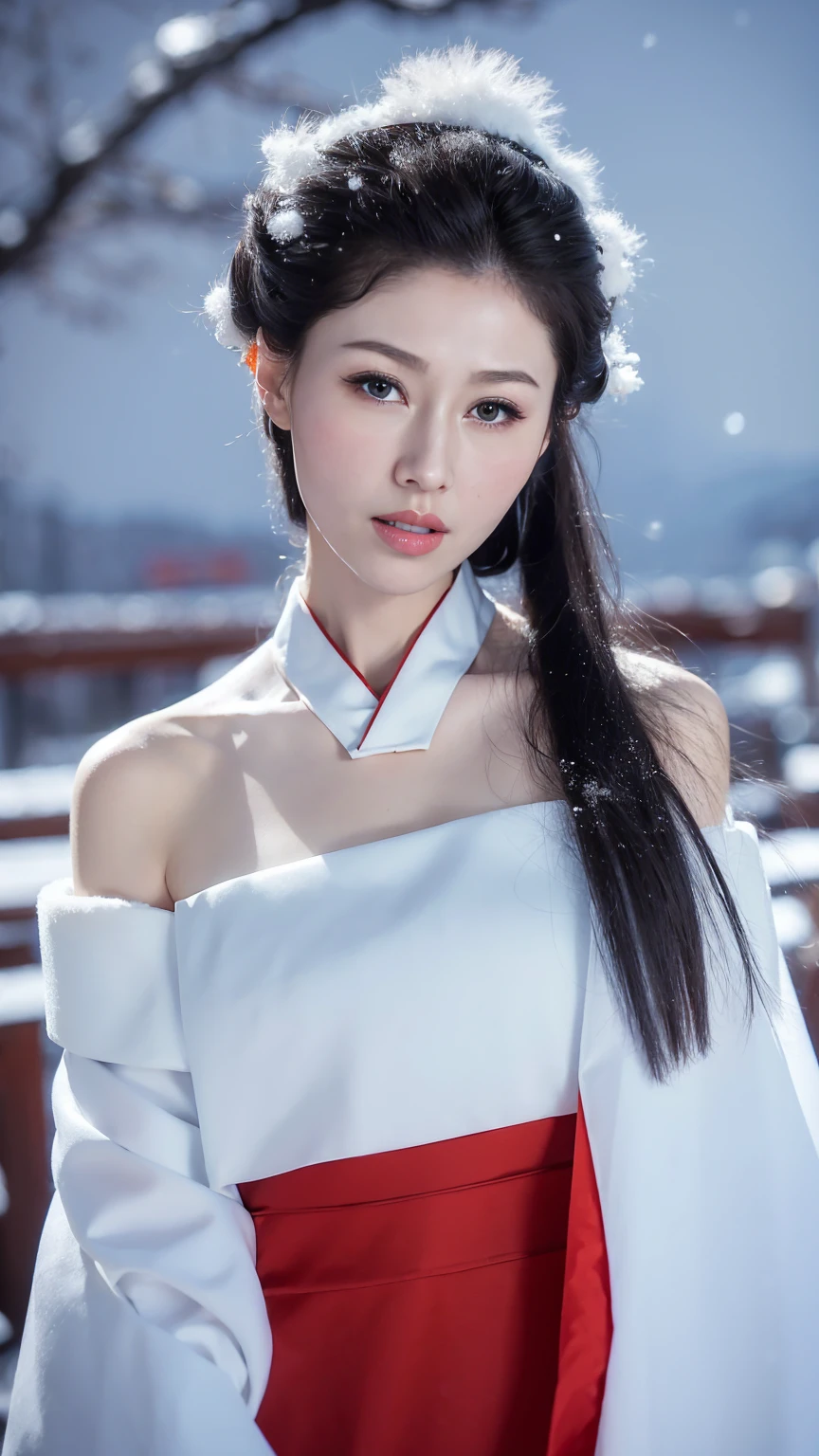 1 Fashion Model [[[[close up]]]], [[[[neck]]]], [[[[Shoulder]]]], (((Complete head)))，(((Complete hairstyle)))，Perfect eyes, Perfect Iris，Perfect lips，Perfect Teeth，Perfect skin，White skin，Soft headlights，High-density imaging，Black long hair，（Clean and delicate face），((Red fur winter hanfu))，((Half-length photo))，((The background is a snowy scene))，((winter))，((Various dynamic poses))，((The background is a snowy scene))，best quality，masterpiece，（Soft colors：1.2）