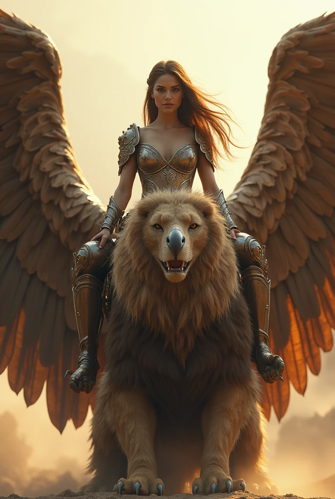 A griffin with its wings spread, the wings and upper body of an eagle, the body of a lion, a sharp beak, a beautiful and powerful figure, and a princess wearing armor on its back, ((masterpiece, Highest quality, Best image quality, High resolution, Realistic, RAW Photos, 8k)), ((Highly detailed CG synthesis 8k wallpaper)), (Huge and stunning goddess shot, Very hot and sexy, Incredible beauty, Perfect Proportions, Beautiful body, Slim body beauty:1.4), front view,