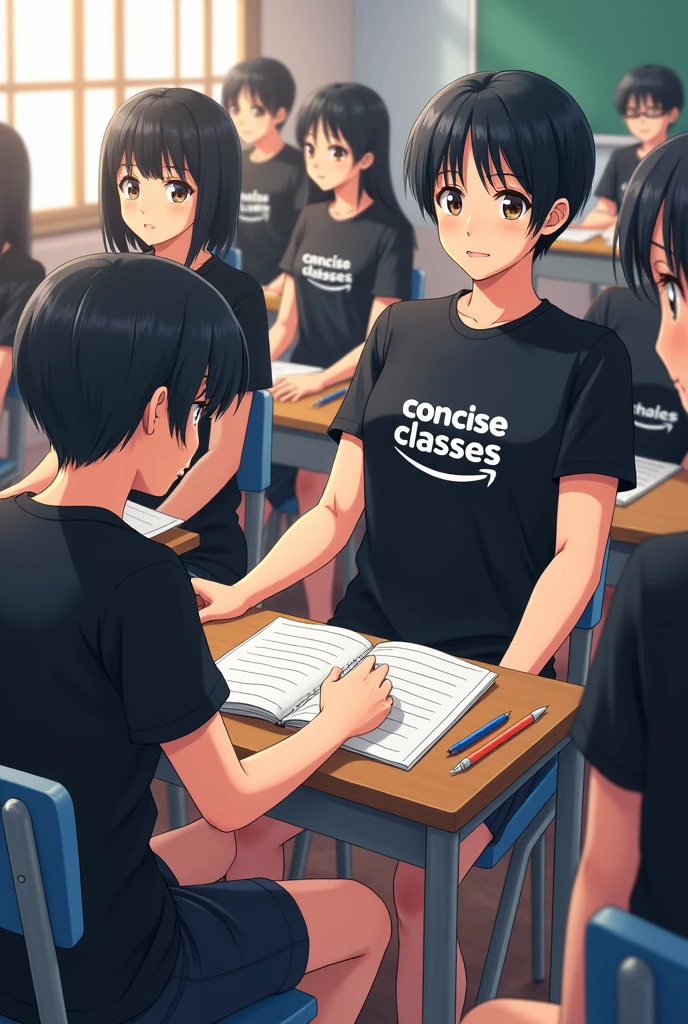 Anime students sitting in a classroom wearing black shirts with logo "concise classes"and black hair