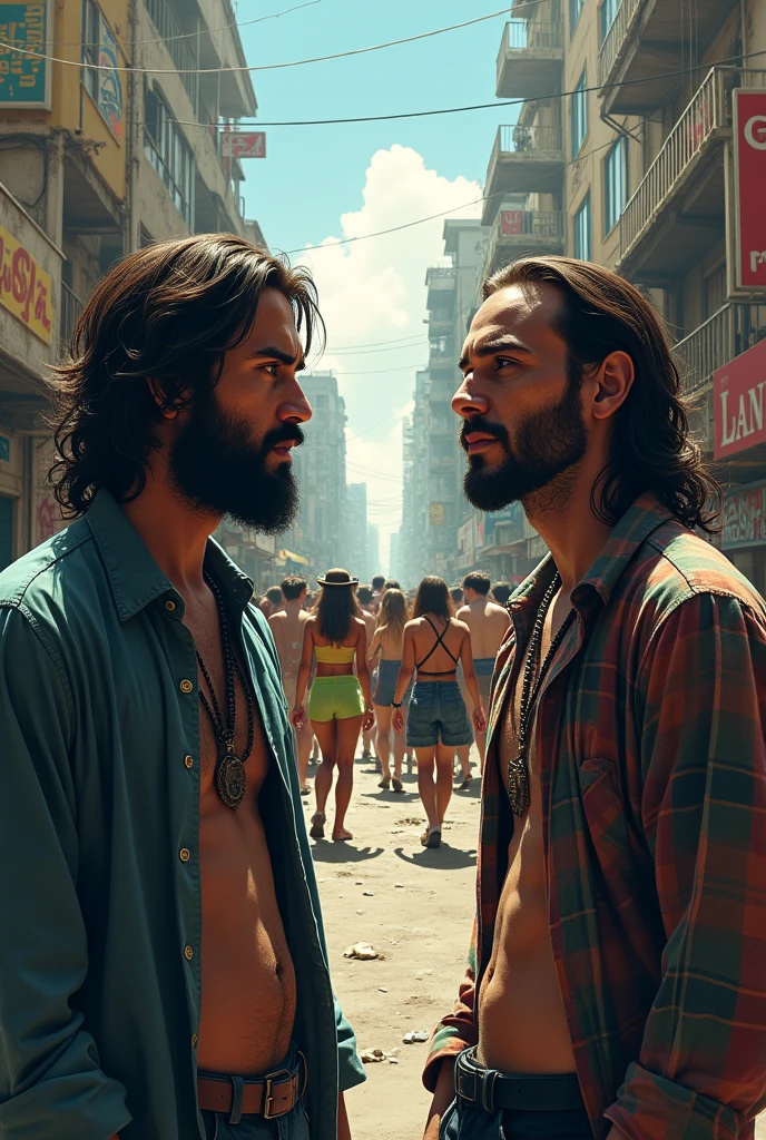 Create a 2 man with the appearance of a drug addict observing hippies in a city