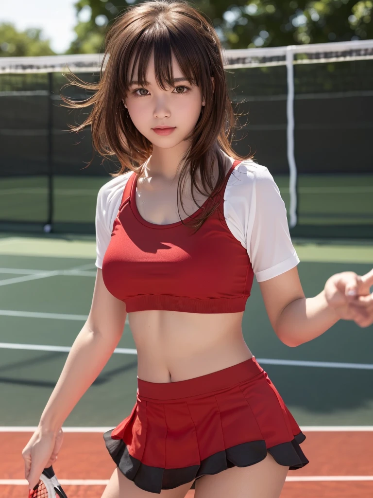 masterpiece, Highest quality,Very detailed,High resolution,(Realistic, photoRealistic:1.37),Excellent anatomy,1 person,(height: 152 cm),1 person,Cowboy Shot,Front view,Tennis Girl,Very beautiful face,Cute type,A small smile,Big Natural Color Lip,(Big and beautiful eyes,Brown eyes,Obvious double:1.2),Small and cute nose,Soft light brown long hair,Asymmetrical bangs,Floating Hair NovaFrog Style,(((Black tennis wear))),(((Red super short mini skirt:1.5))),((Tennis court:1.3)),Soft Light,RAW quality,Soft Skin,(Glowing Skin,Sweaty:1.4),Beautiful Hands,Five strong fingers,Beautiful legs,Voluptuous thighs,Plump body,Huge brexpresses the roundness and softness of the chest area..........1),Beautiful body,(Perfect Woman),((Provocative dynamic pose:1.3))