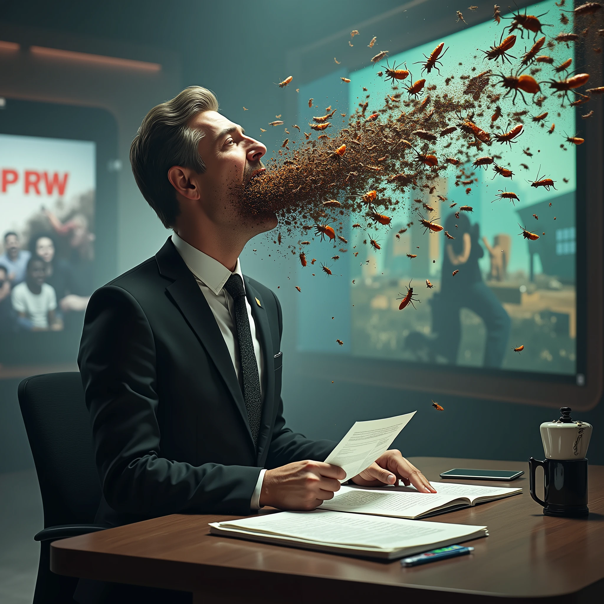 [a news reporter in a suit and tie reading the news about the war from a sheet of paper, with the related images behind him]. Thousands of flies and insects of various types come out of the journalist&#39;s mouth: millipedes and cockroaches. Bugs spread across TV studio.