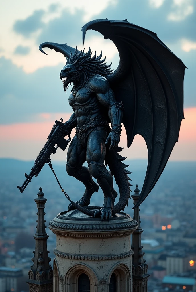 A stunning bat-winged and huge intimidate, cursed black marble gargoyle warrior monster, long hair, fierce gaze, wears a war armour and assault riffle gun, he stands watching over the city from the highest dome of a cathedral in Paris at dark dusk. in the background, photography masterpiece in the best quality, 4320X7680px resolution