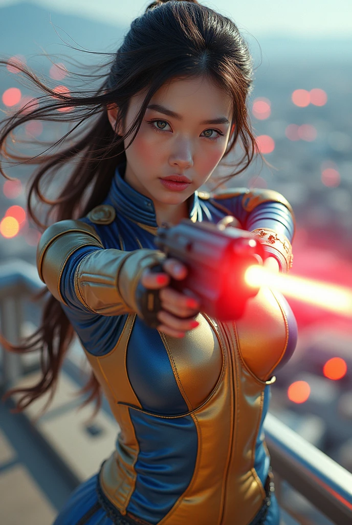(masterpiece, best quality, beauty, best ratio, best shadows,best Illustration, wallpaper size,1080×2400 pixels, detailed face, pastel colors) star wars theme.
uhd, korean female, korean beauty like tae yon, face fully visible, shooting pose, shining blue eyes, windblown hair, wear gold and blue matte futuristic full leather suit, left hand holding futuristic gun emits red energy with a shooting presence, on top of an airport in outer space with red and orange signal lights flashing, outer space city and space town seen on far away. use the RenderMan renderer.digital art. High definition, high contrast,high color saturation,128k,cinematic lighting, intricate,cinematic advertising photograph,cinema lens, super high res.