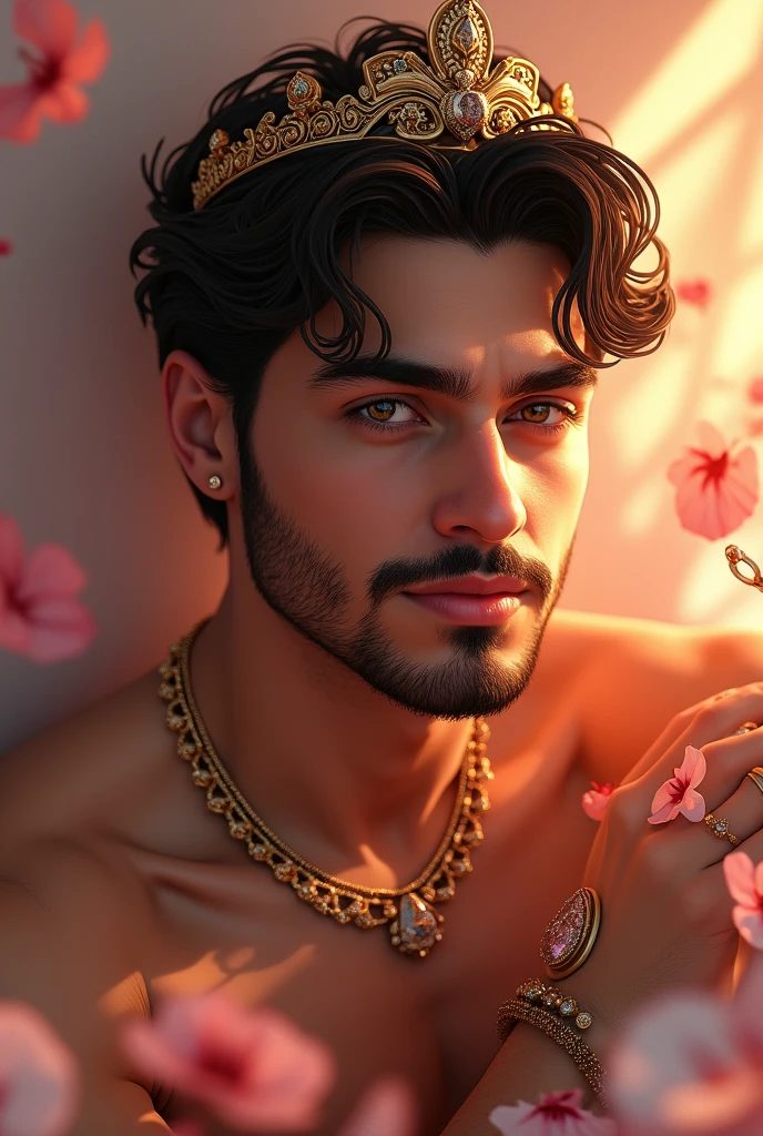 1boy, jewelry, male_focus, crown, solo, necklace, black_hair, facial_hair, mustache, bracelet, earrings, smile, ring, nipples, realistic, looking_at_viewer, petals, cape