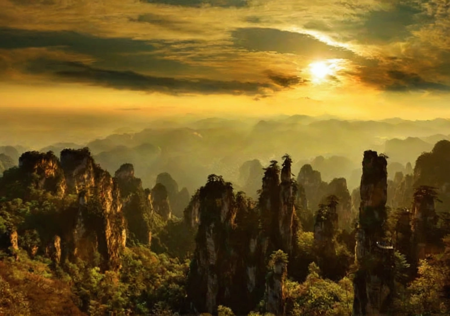 Beautiful sunset on the mountain in China, Zhangjiajie national forest park, Zhangjiajie in early morning, Zhangjiajie, Stunning scenery, very Beautiful scenery, Magnificent natural scenery, Stunning scenery, The most beautiful scenery, very very Beautiful scenery, Beautiful scenery, Taoist Temples in Huangshan, Beautiful scenery