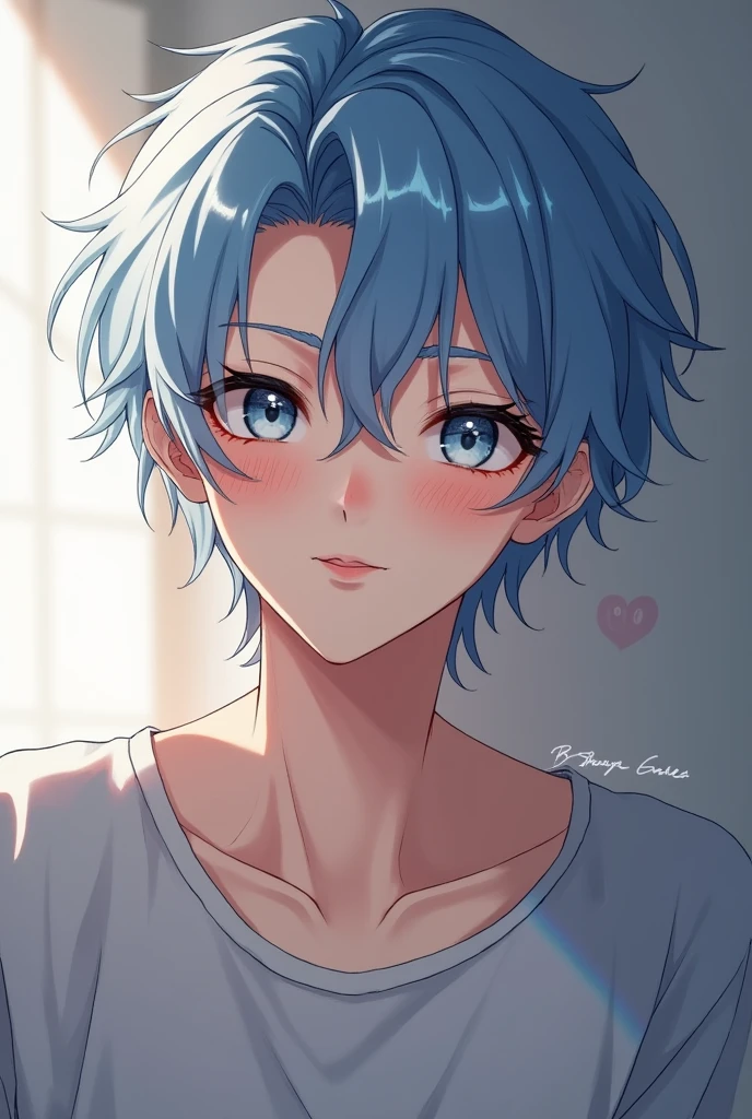 man、cute、Sexy、Shota、blush、Light blue hair