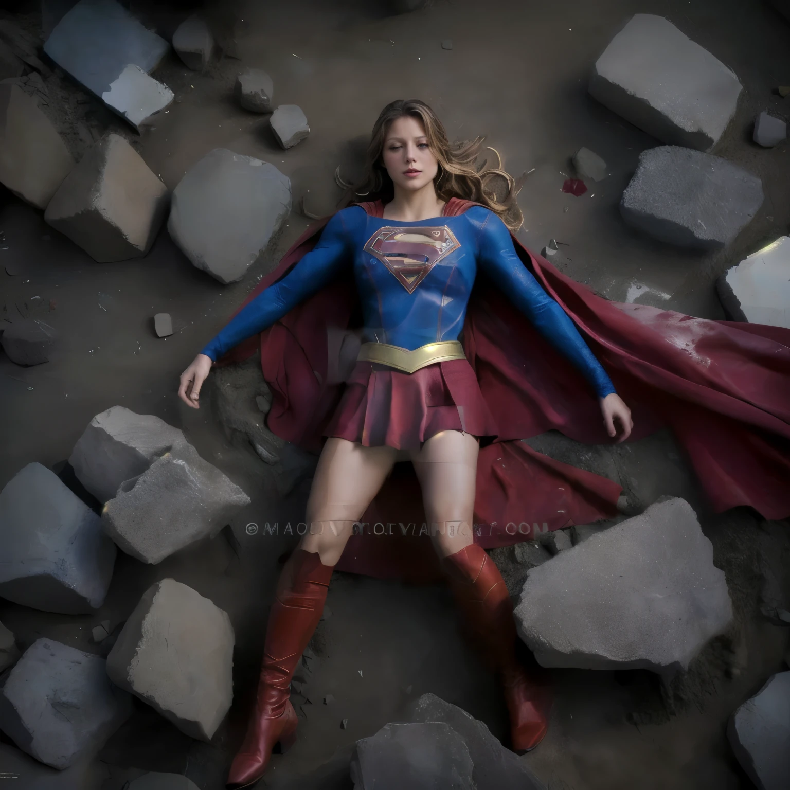 a woman in a superman costume laying on a pile of rocks, supergirl, Melissa Benoist as supergirl, full body photoshoot, super photo realistic, super realistic photo, realistic cosplay, full body shoot, super photo-realistic, deviantart artstation cgscosiety, promo still, super model, super photorealistic, 