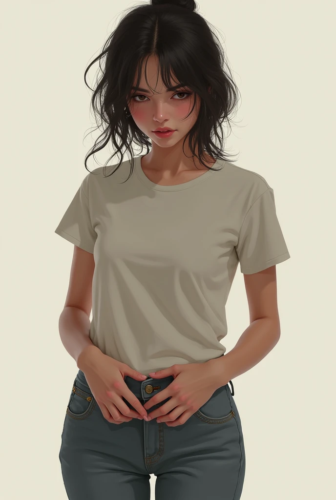 A beautiful girl wearing pant and tshirt and touching his waist
