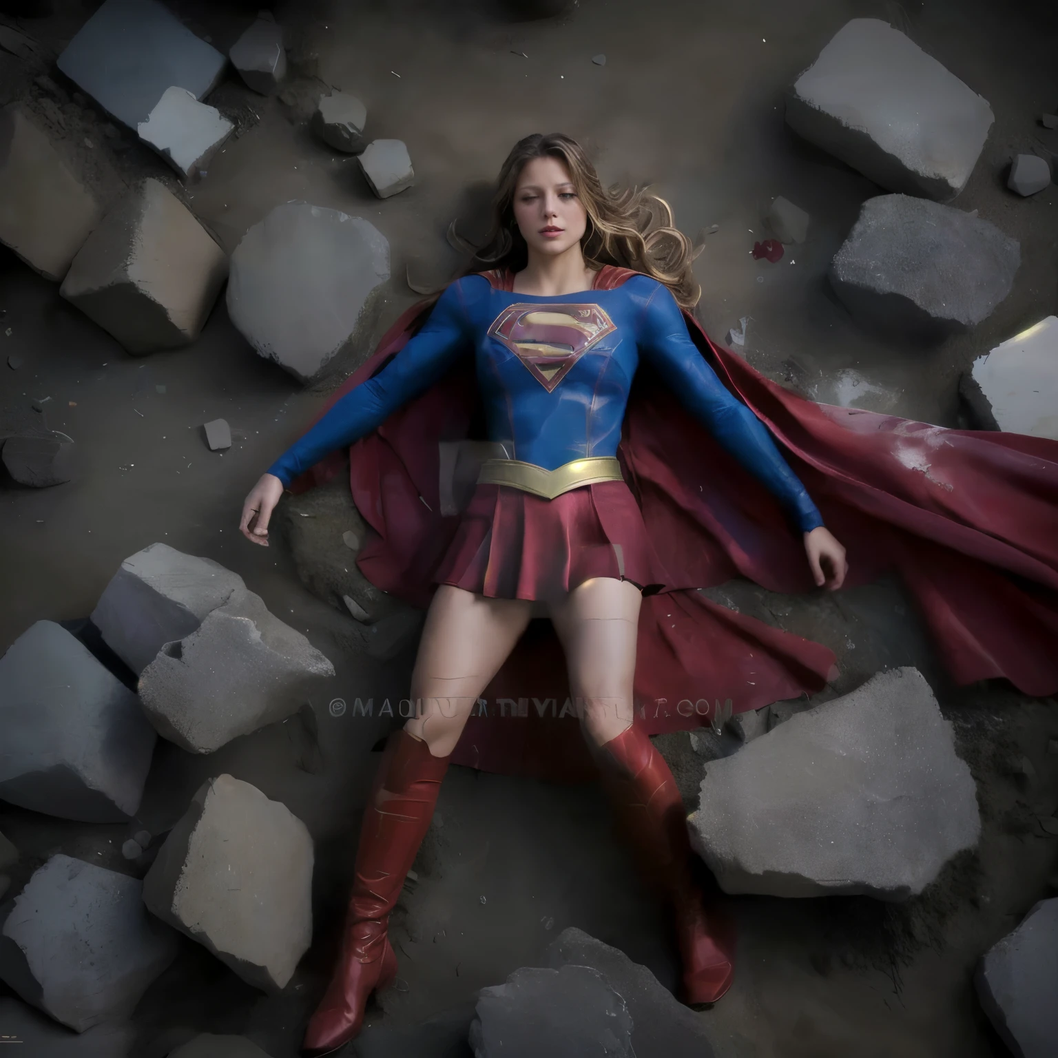 a woman in a superman costume laying on a pile of rocks, supergirl, Melissa Benoist as supergirl, full body photoshoot, super photo realistic, super realistic photo, realistic cosplay, full body shoot, super photo-realistic, deviantart artstation cgscosiety, promo still, super model, super photorealistic,