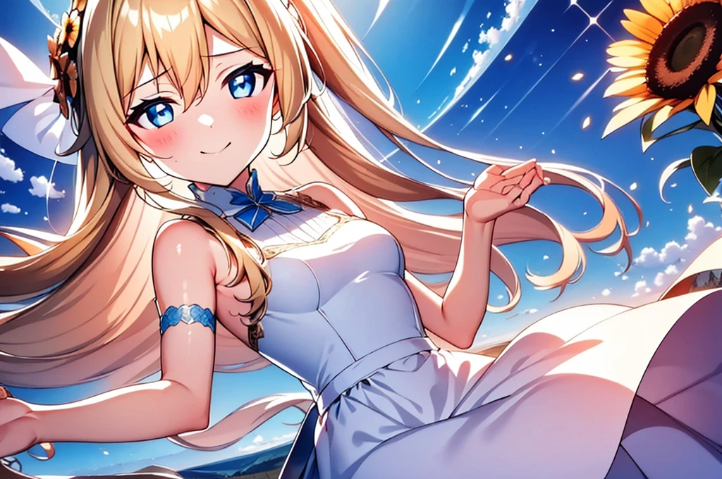 insanely detailed, absurdres, ultra-highres, ultra-detailed, best quality,
1girl, solo,  Qhly, blonde hair, blue eyes, garden, roses, sunflowers, no breasts, no emotions, white  dress, 
