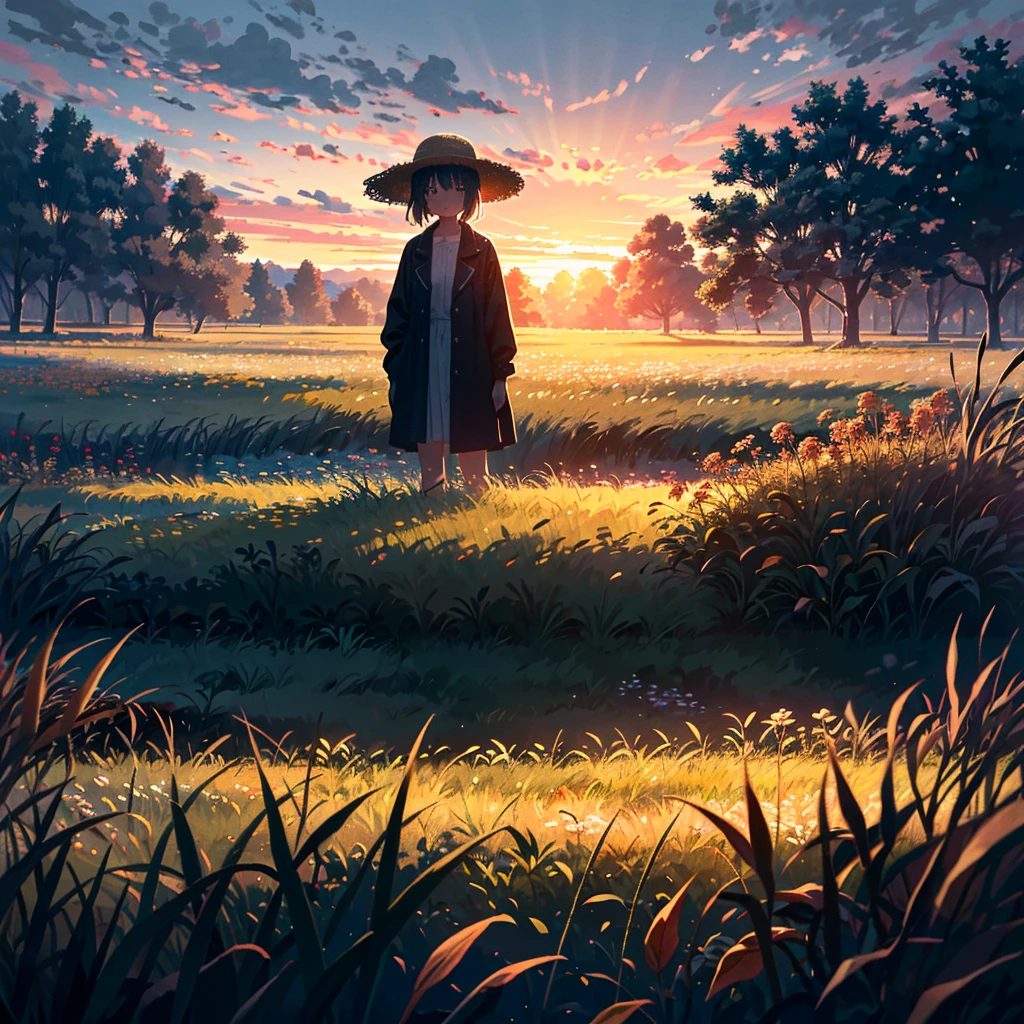 A girl wearing a straw hat stands quietly in a field during sunset. The grasses and flowers in the field are beginning to change, signaling the arrival of autumn. The scene is bathed in soft light with a slightly melancholic atmosphere.
This prompt captures the transition from summer to autumn, focusing on the subtle changes in nature and the mood of the scene.