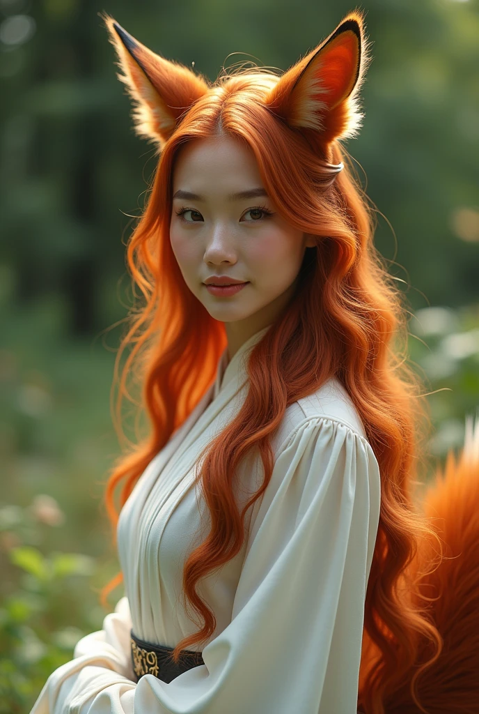 (raw photo, best quality) , (Realistic, photo-realistic: 1.4), extremely formidable general plan, masterpiece, ultra-detailed, high resolution, best illustration, best shadow, complex, depth of field, very beautiful woman with bewitching beauty, she has long red hair with light brown eyes, she has a single beautiful fox tail, and beautiful medium-sized fox ears (she does not have human ears), she wears a long fine white dress, she has a beautiful radiant smile, it is in a green forest, General shot, Photorealist style 8k, DSLR, high quality, (film grain: 1.4), Fujifilm XT3,