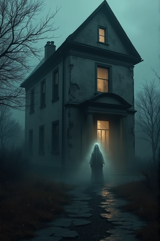 A dark, gloomy image of the hostel's exterior with a ghostly figure lurking in the shadows.