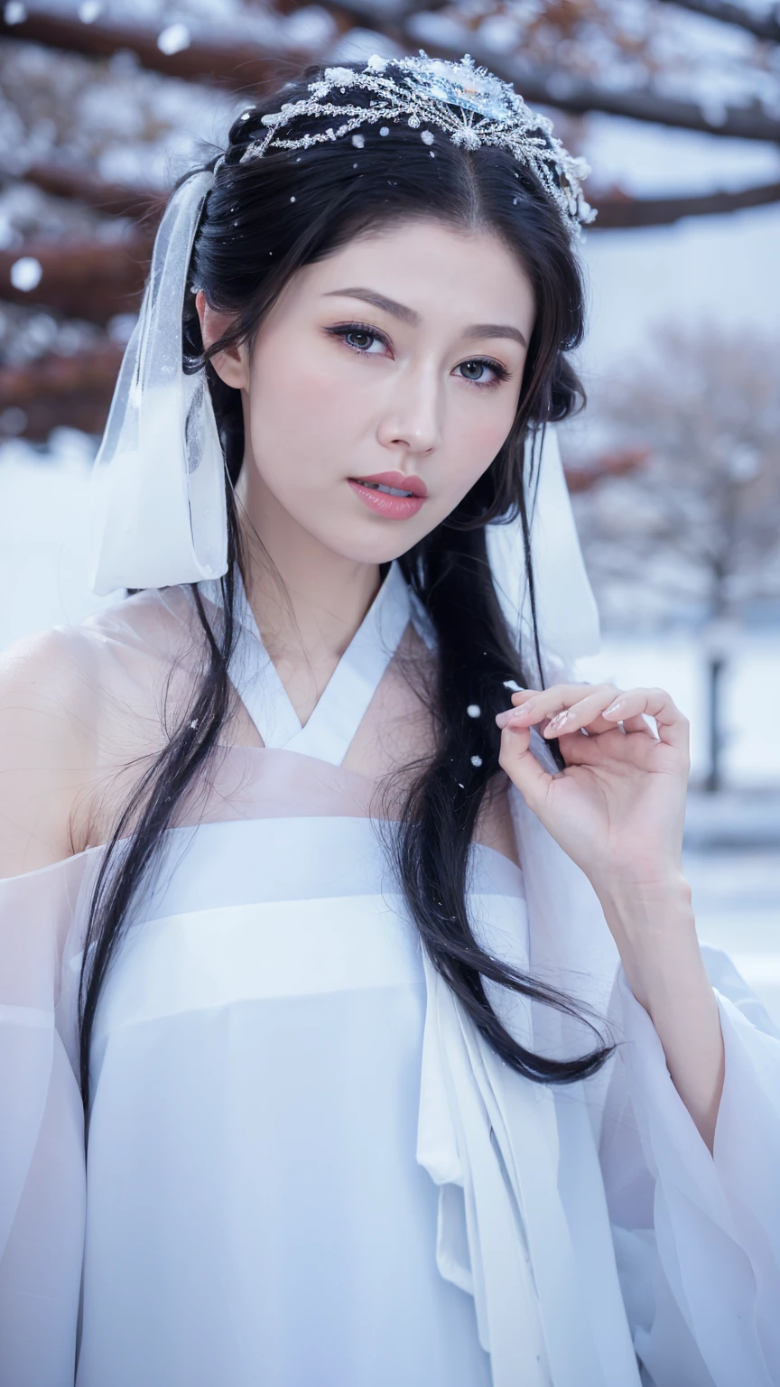 1 Fashion Model [[[[close up]]]], [[[[neck]]]], [[[[Shoulder]]]], (((Complete head)))，(((Complete hairstyle)))，Perfect eyes, Perfect Iris，Perfect lips，Perfect Teeth，Perfect skin，White skin，Soft headlights，High-density imaging，Black long hair，（Clean and delicate face），((White fur winter hanfu))，((Half-length photo))，((The background is a snowy scene))，((winter))，((Various dynamic poses))，((The background is a snowy scene))，best quality，masterpiece，（Soft colors：1.2）