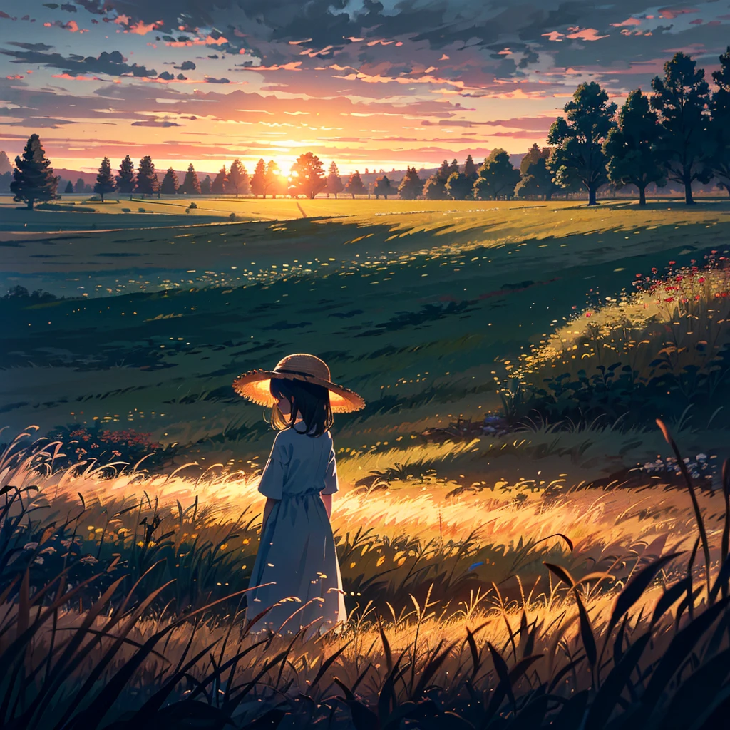 A girl wearing a straw hat stands quietly in a field during sunset. The grasses and flowers in the field are beginning to change, signaling the arrival of autumn. The scene is bathed in soft light with a slightly melancholic atmosphere.
This prompt captures the transition from summer to autumn, focusing on the subtle changes in nature and the mood of the scene.