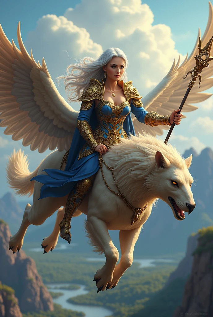 A noble, mature woman with flowing silver hair rides a powerful griffin through the skies. She wears elegant, intricately designed armor with hints of gold and deep blue, symbolizing wisdom and experience. The griffin, with its majestic eagle head, sharp eyes, and lion-like body, soars gracefully above a vast landscape of mountains and forests. The woman's expression is calm and determined, holding the reins with one hand and a gleaming staff with the other, as they fly through the clouds, exuding a sense of strength and command.