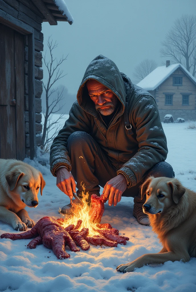 A farmer was trapped in his house for days in a snowstorm and his food supplies ran out. He had to slaughter his sheep to survive....When the lamb ran out, the goats that were raised were slaughtered and eaten, but the snow was still falling heavily, so the cows had to be slaughtered out of necessity. The two dogs that the farmer had raised witnessed what was happening all along and discussed it. "We are not safe now, my friends.... Even the cows that are raised for plowing and working, the masters still bring them to be killed and eaten. Soon it might be our turn to escape and save ourselves."