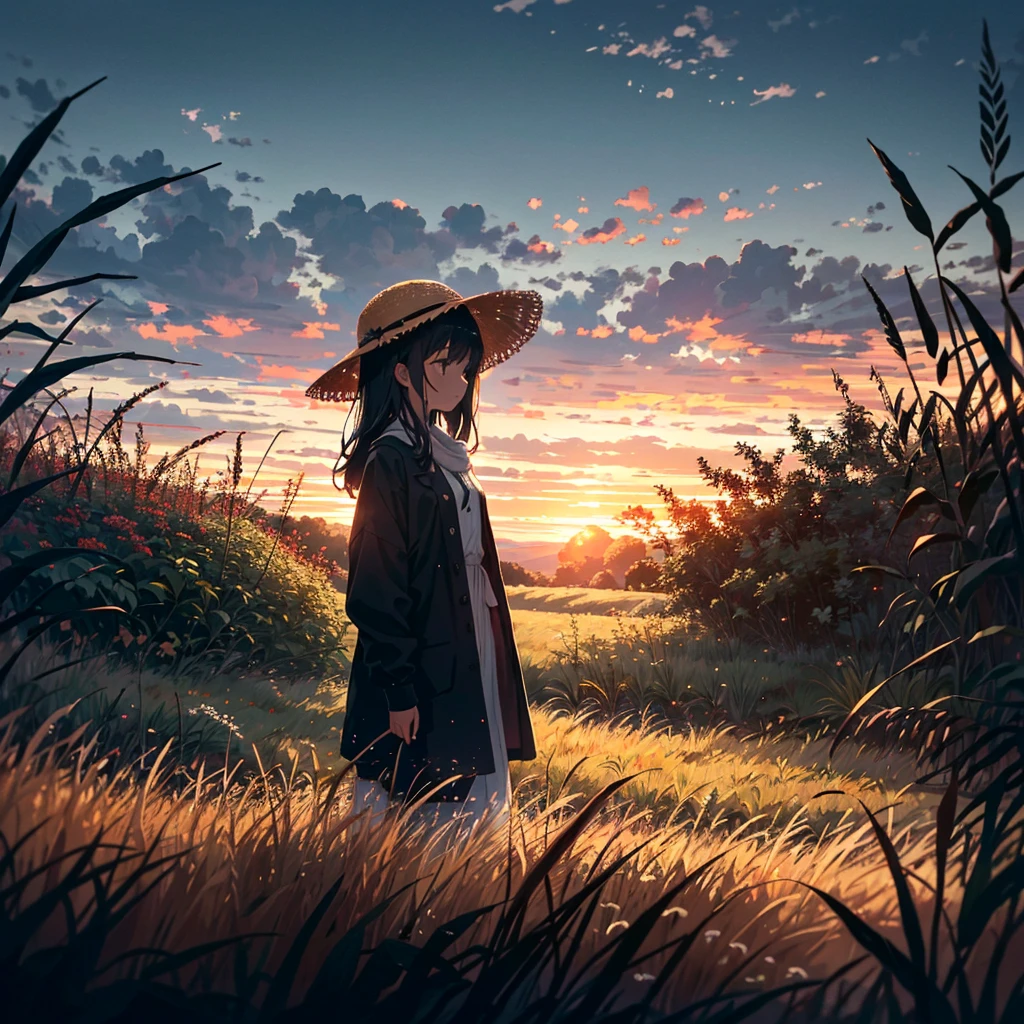 A girl wearing a straw hat stands quietly in a field during sunset. The grasses and flowers in the field are beginning to change, signaling the arrival of autumn. The scene is bathed in soft light with a slightly melancholic atmosphere.
This prompt captures the transition from summer to autumn, focusing on the subtle changes in nature and the mood of the scene.