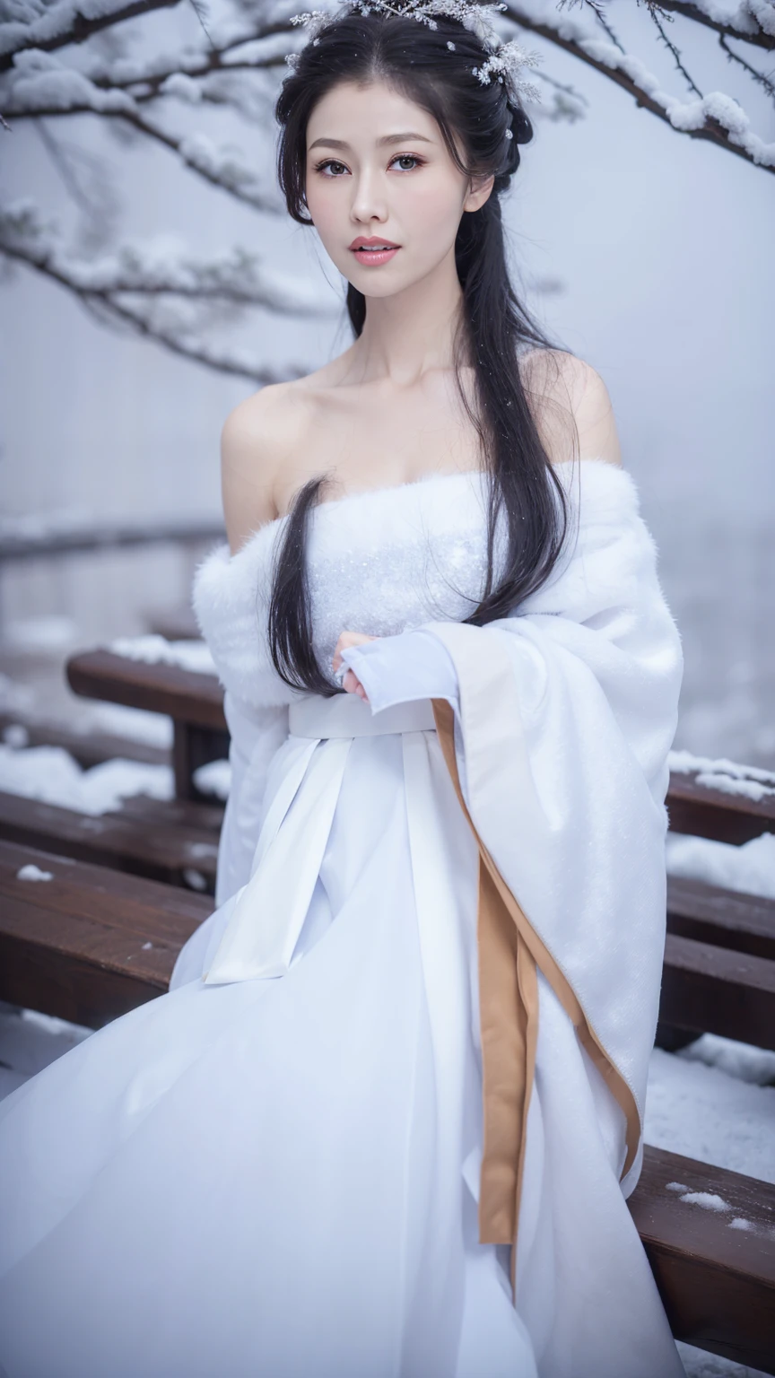 1 Fashion Model [[[[close up]]]], [[[[neck]]]], [[[[Shoulder]]]], (((Complete head)))，(((Complete hairstyle)))，Perfect eyes, Perfect Iris，Perfect lips，Perfect Teeth，Perfect skin，White skin，Soft headlights，High-density imaging，Black long hair，（Clean and delicate face），((White fur winter hanfu))，((Half-length photo))，((The background is a snowy scene))，((winter))，((Various dynamic poses))，((The background is a snowy scene))，best quality，masterpiece，（Soft colors：1.2）