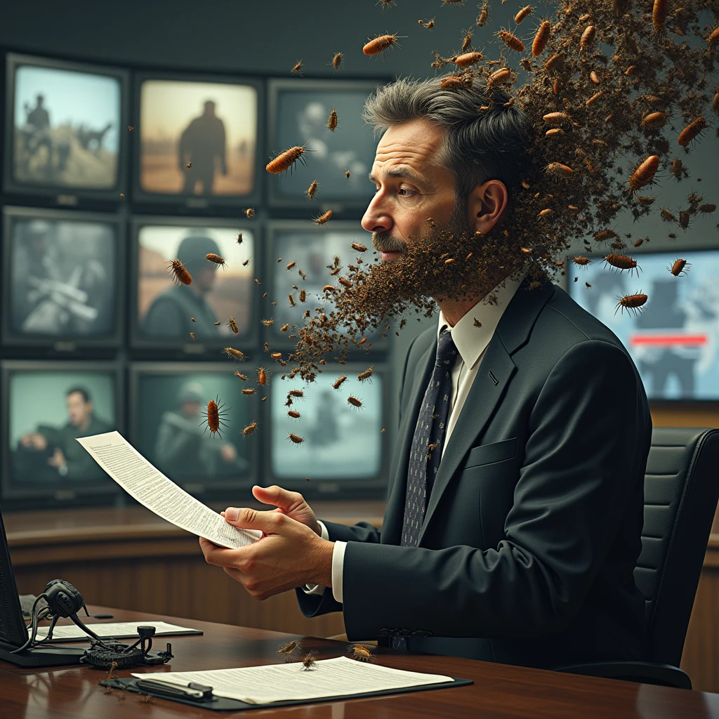 first floor. [a news reporter in a suit and tie reads the news about the war from a sheet of paper, with the related images behind him]. Thousands of flies and insects of various types come out of the journalist&#39;s mouth: millipedes and cockroaches. Bugs spread across TV studio. [insects come out of the mouth:1.5]