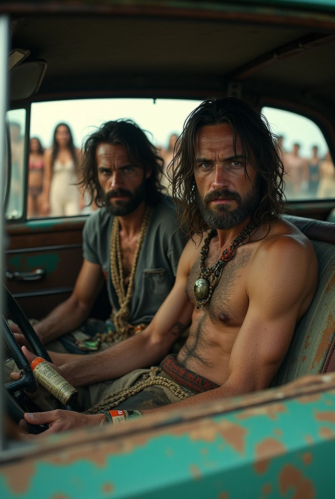 Create a 2 man with the appearance of a drug addict in a car with hippies