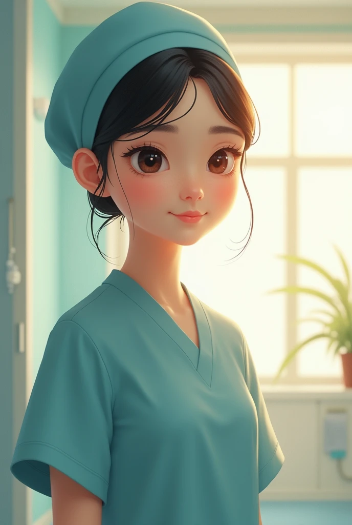 A serene brown Nepali nurse with east Asian eyes, a round button nose, and beautiful lips, framed by soft bangs, stands in a bright hospital room, bathed in warm, natural light. Wearing hair cap