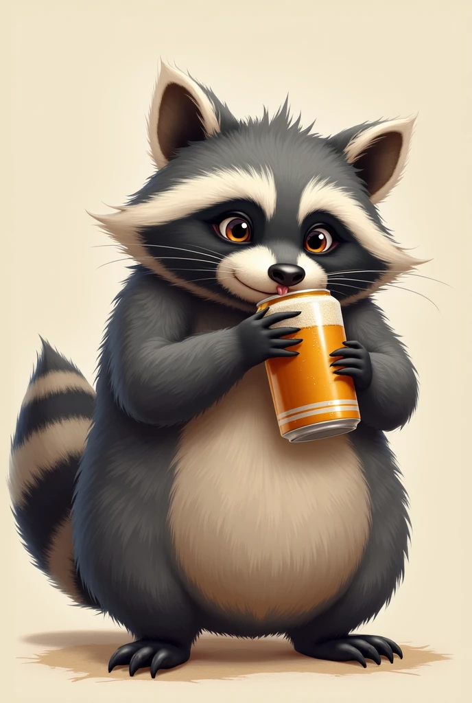 Fat raccoon with beer、High resolution、Big and cute eyes、Large tail、