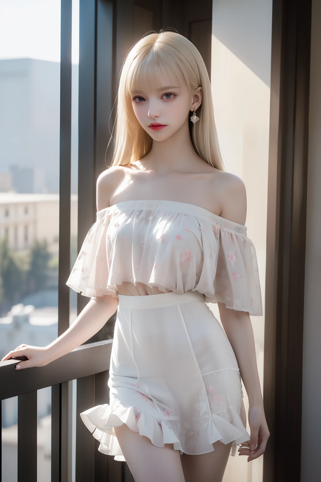 ((Woman Standing On Balcony Of Old Castle))、((Rear view)),((look back))、Highest quality works、Actual work、Ultra Premium Graphics、8K HD CG Works、High Quality Graphics、High-definition CG works、10x pixels、Ultra-fine detail:1. 1、High technical level:1.1 PhotoReal、Natural light:1. 5、Light Effects(Virtual Light Effects:1.8)、((Straight Van、Princess Van))、((Very Heavy、Volume Bang:1.1)、((Very Long、Very Heavy、Very Volume Side Lock:1. 1)、Hime cut、Straight bangs、Bangs straight、(masterpiece、Highest quality:1.5)、(Ultra Fine 32K CG:1.4)、(Hyperreal:1.25)、(Real:1.1. 4)、((Golden white hair)),Thin eyebrows、High nose、Nice red lips、Rosy Cheeks、Delicate makeup face、Cute face、Perfectly balanced face、(Flat Chest),A light-toned foundation enhances the clarity of your skin.。 ((Off-the-shoulder translucent white floral pattern dress)),((My skirt is flying up in the wind))、 ((I can see her white panties)), 32K,photograph,Highest quality,(1. Beautiful eyes、Light Hair、White skin、Mr. Miss.々Pose、((Medium chest、:1.1))、Highest quality、Tabletop、Ultra-high resolution、(Real:1.4)、RAWphotograph、(Perfect Figure)、(slim、:1.3)。 3)、Slim abdomen,