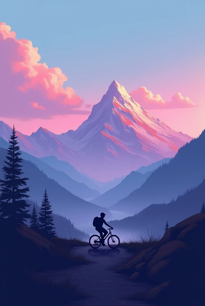 Lofi image for  chill sunset vibe one guy riding cycle in mountains purple and blue sky and paintstroke clouds horizontal photo