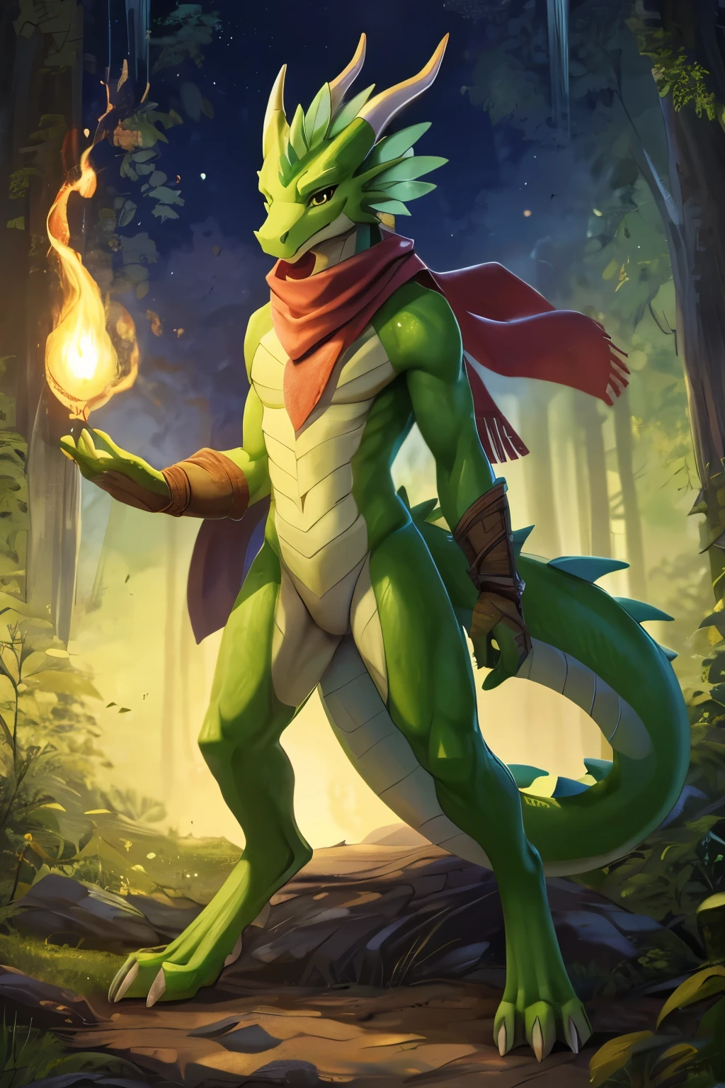 (anime), (front facing), (looking at the camera), slim furry green and lime dragon using old magic, green main body color, smooth skin, very long muzzle, neck and tail fur, digitigrade, creative horns, feathers, gradients, (wearing only a scarf), nature background, full body