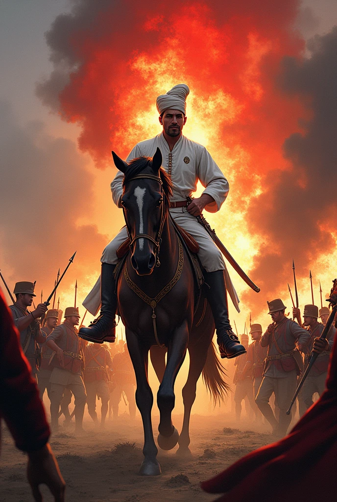 Create an illustration of a historical battle scene featuring Prince Diponegoro, a key figure in the Indonesian struggle against colonial forces. Prince Diponegoro should be depicted in a white traditional outfit, holding a kris (dagger) and riding a horse. He is leading his troops in a fierce confrontation against colonial soldiers, with a dramatic and dynamic atmosphere highlighting the intensity of the battle. The prince wears a turban on his head and a blood red war aura. Gambar sedang galam lokasi pertemouran, tambahkanadegan tertembak dan lain lain yg menggambarkan pertarungan sengit