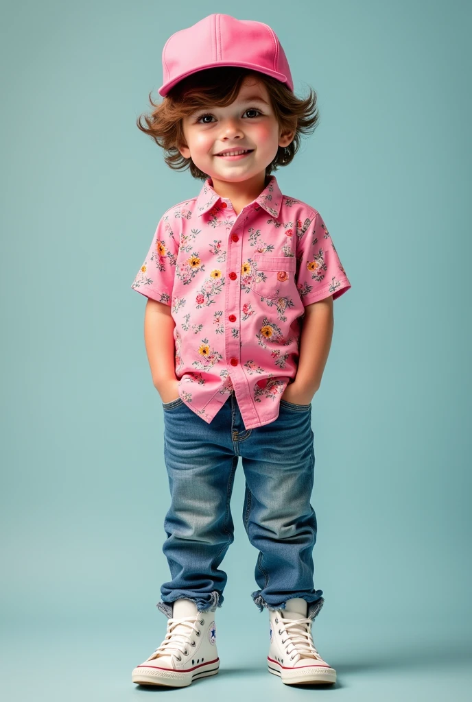 Boy with pink floral shirt,brown hair pink cap, jeans and white all star