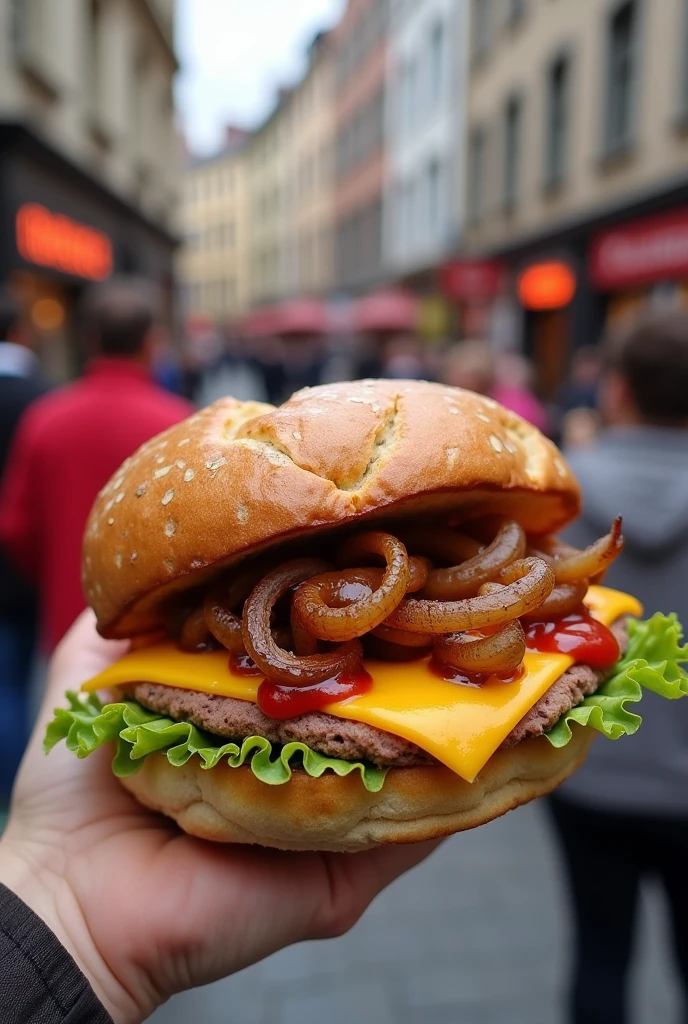 Sandwichs belge pain pistolet avec sauce ketchup oignon cuit salade et cheddar à Bruxelles grande place 