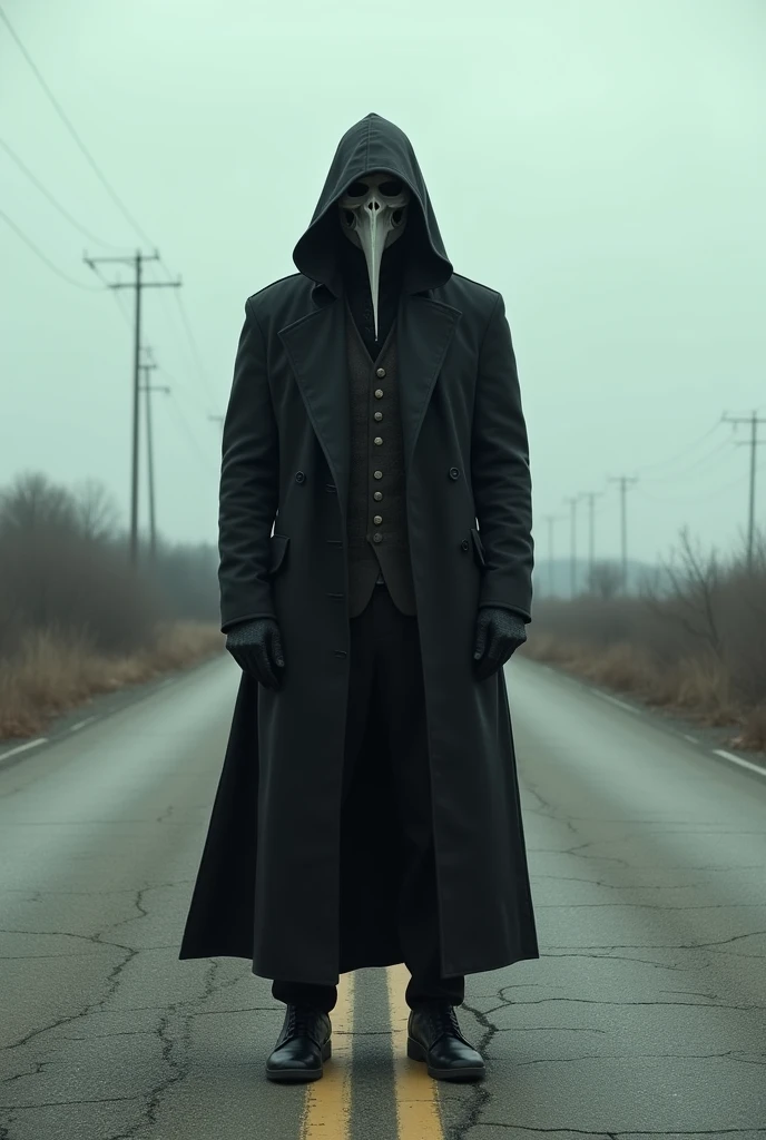 a man wearing plague mask and black jacket coat standing on a road