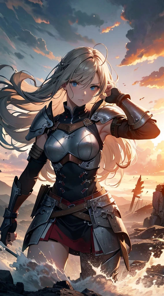(best quality,4k,8k,highres,masterpiece:1.2),ultra-detailed,realistic,physically-based rendering,woman in battle,warrior princess,expressive eyes,fierce expression,determined face,strong and confident,beautiful detailed armor,shining sword and shield,flowing hair in the wind, dynamic pose,battlefield scenery,smoke and fire,flying arrows and spears,stormy sky with dramatic clouds,dusty battlefield,warrior surrounded by enemies,intense action scene,epic battle,war-torn landscape,vivid colors,contrasting light and shadows,dramatic lighting,rich texture,gritty and realistic style.