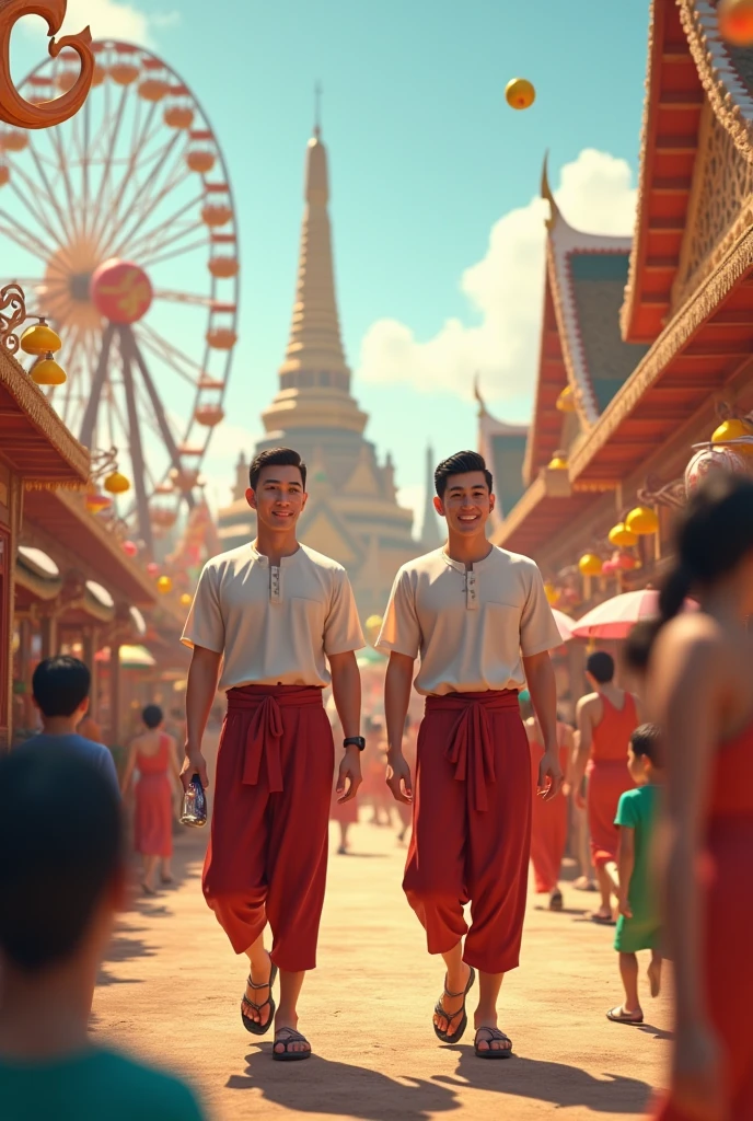 Create a scene of two Asian men walking around a Thai temple, which holds a traditional Bun Bang Fai festival on the full moon day. There is a Ferris wheel, a dart shop, and a girl falling into the water play. The 3D image is realistic and natural, looking lively.