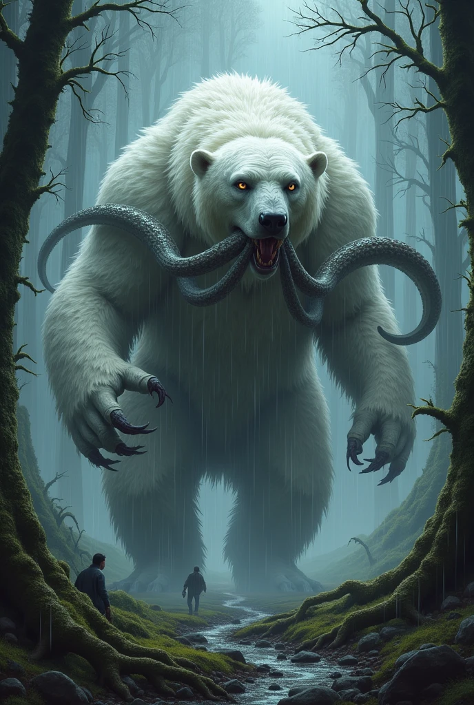 A creature that has polar bear furr and octopus tentacles and snake standing in stormy forest