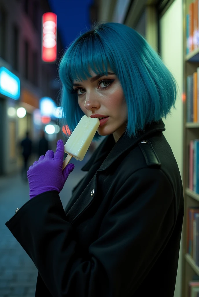 (best quality,highres,masterpiece:1.4),ultra-detailed,sexy woman on a nighttime street, Kafka, cyan hair, black jacket, purple gloves, huge file size, art collection, art books, large-sized breasts, cinematic angle, black, slender waist, (melting ice popsicle in mouth), super sexy seductive expressions with melting vanilla ice cream with cone, real ultra realistic 8k goddess of temptation with cyan coloured hair and perfect beautiful face ratio according to mathematically, perfect jawlines, perfect face cut, perfect cheek bones,