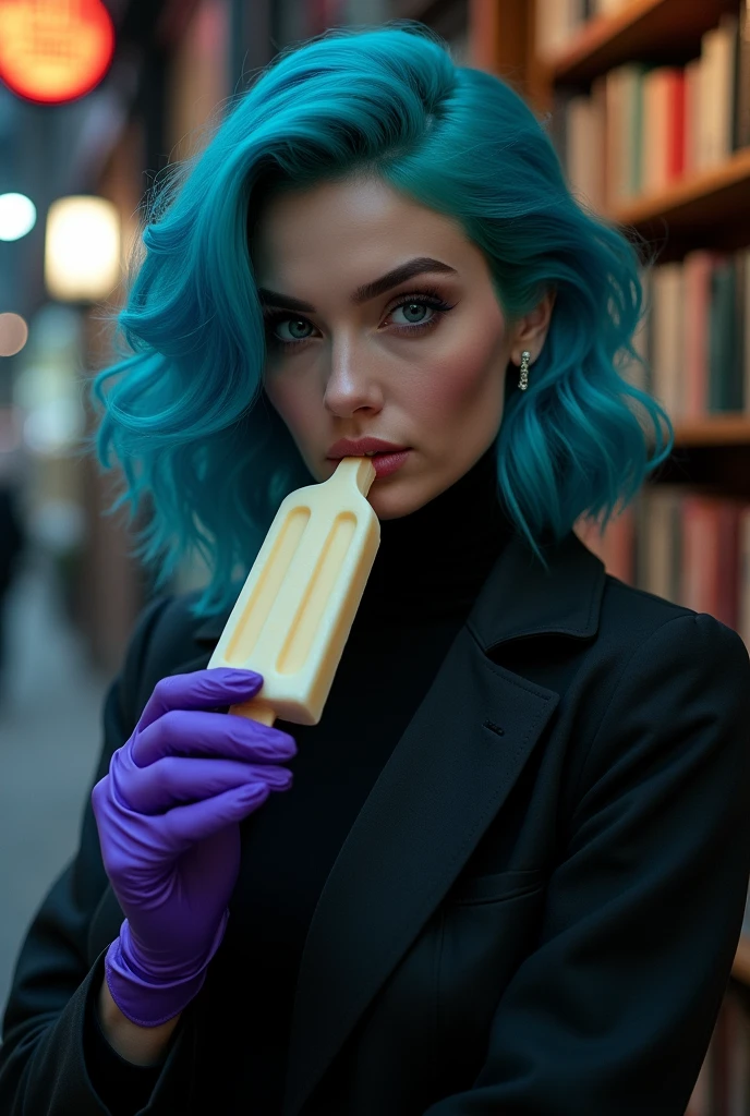 (best quality,highres,masterpiece:1.4),ultra-detailed,sexy woman on a nighttime street, Kafka, cyan hair, black jacket, purple gloves, huge file size, art collection, art books, large-sized breasts, cinematic angle, black, slender waist, (melting ice popsicle in mouth), super sexy seductive expressions with melting vanilla ice cream with cone, real ultra realistic 8k goddess of temptation with cyan coloured hair and perfect beautiful face ratio according to mathematically, perfect jawlines, perfect face cut, perfect cheek bones,