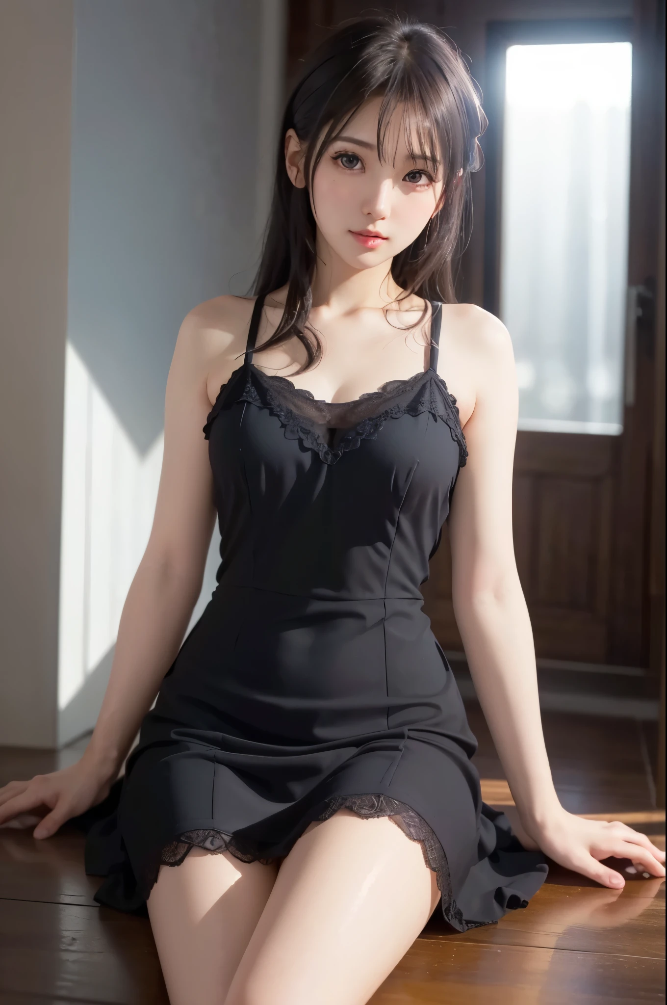 (16K), ((RAW photo)), (Ultimate Quality, masterpiece, High resolution:1.2), (photo Realistic, Realistic:1.2), Perfect lighting, Detailed lighting, Dramatic Shadows, Ray Tracing,1 cute girl, ((Idol face:1.2)), beautiful detailed eyes, sexy black dress, random sexy pose,