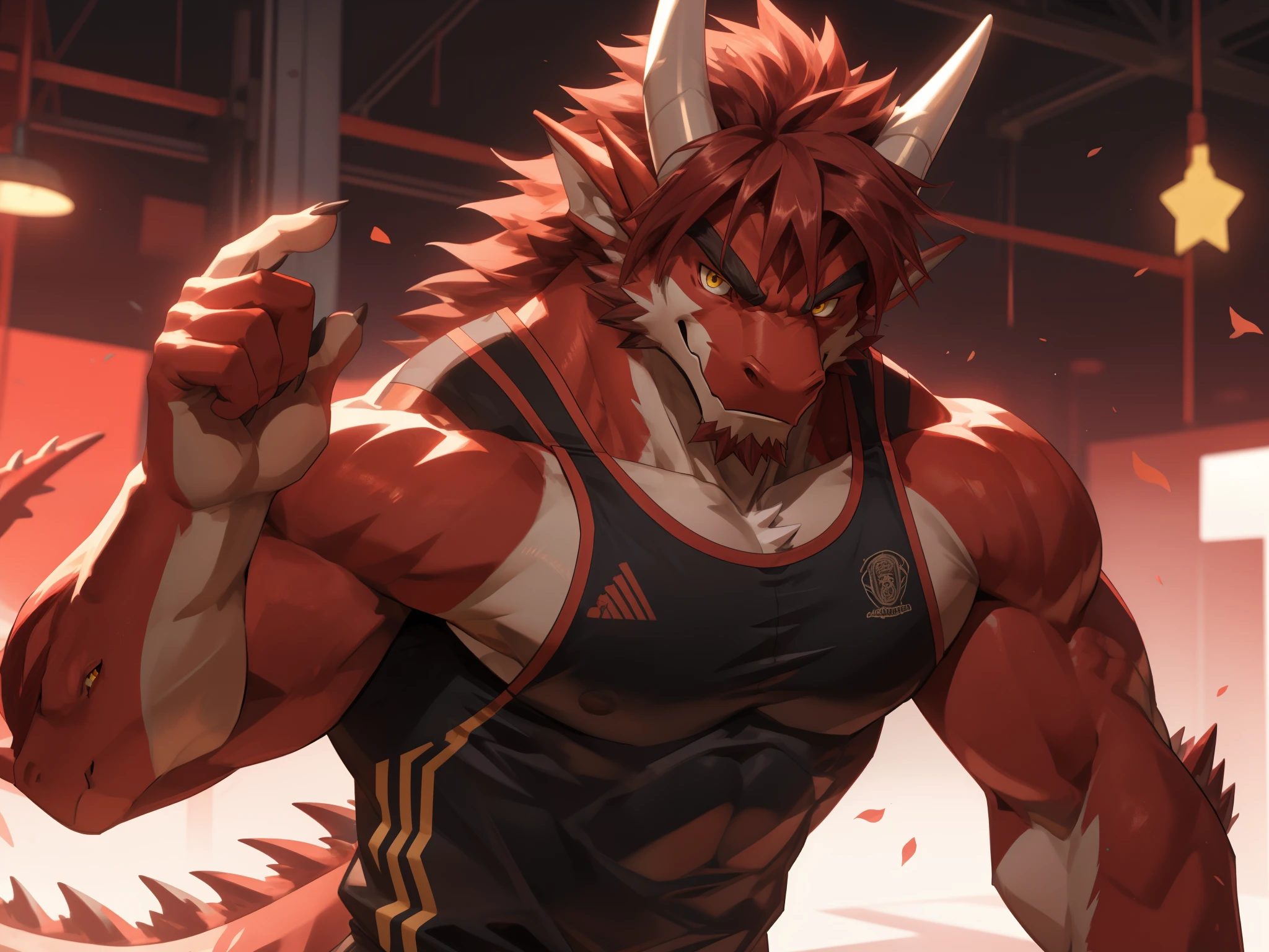 Masterpiece, Solo, (Red dragon, yellow eyes, Medium red hair, Medium facial red hair, a pair of white horn) Muscular Body, Handsome, Good Looking, Adult, Fierce, Smirking, gym outfit, gym furry background