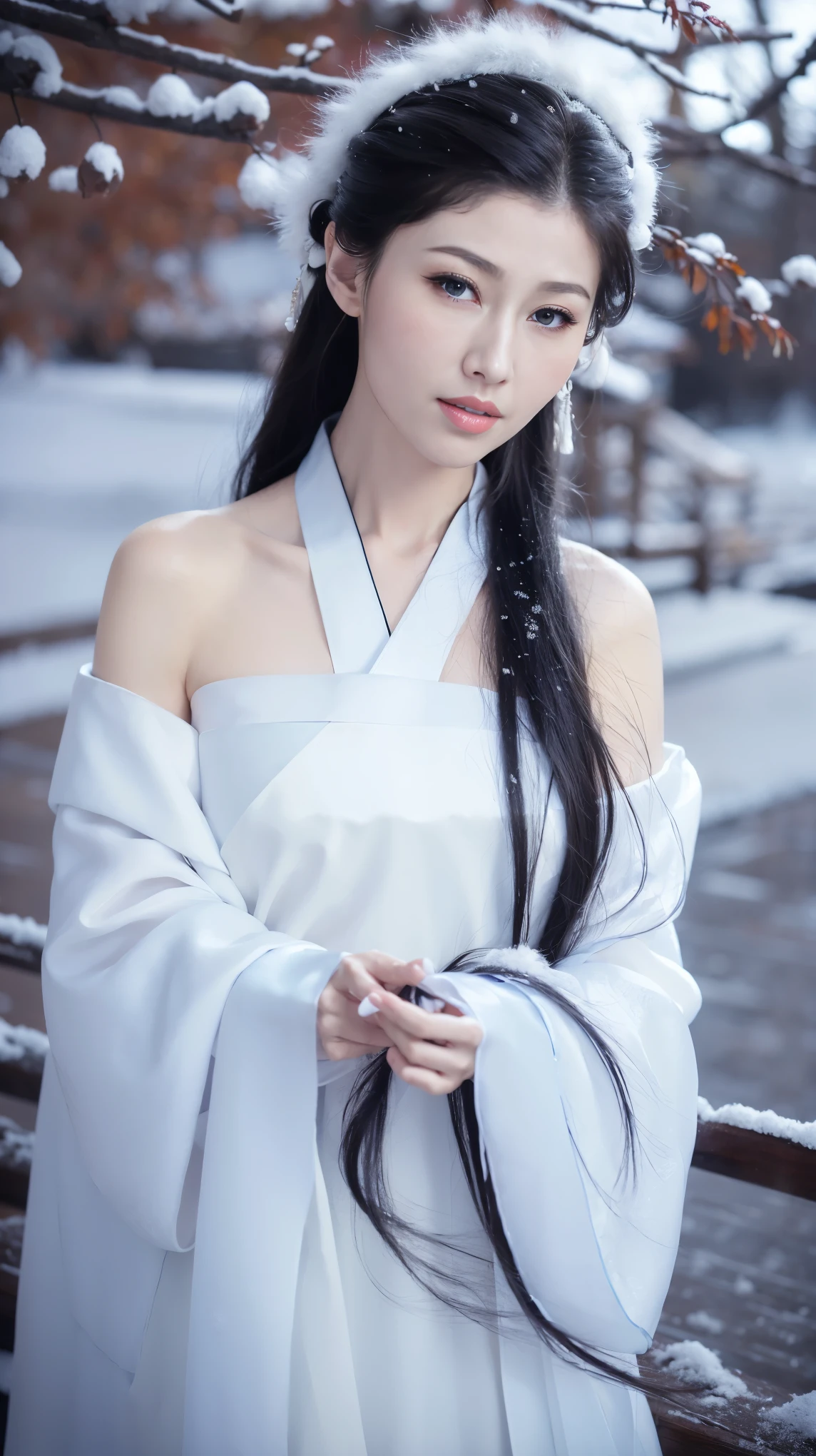 1 Fashion Model [[[[close up]]]], [[[[neck]]]], [[[[Shoulder]]]], (((Complete head)))，(((Complete hairstyle)))，Perfect eyes, Perfect Iris，Perfect lips，Perfect Teeth，Perfect skin，White skin，Soft headlights，High-density imaging，Black long hair，（Clean and delicate face），((White fur winter hanfu))，((Half-length photo))，((The background is a snowy scene))，((winter))，((Various dynamic poses))，((The background is a snowy scene))，best quality，masterpiece，（Soft colors：1.2）