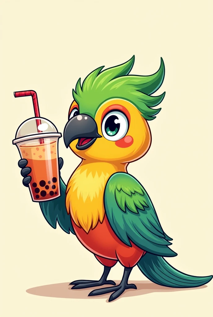 Cartoon of a quetzal showing a bubble tea with no background