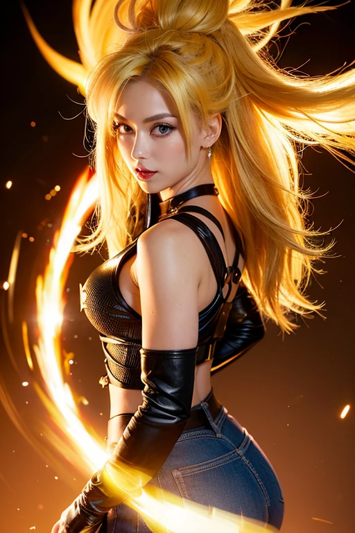 ((Highest quality)), ((masterpiece)), (detailed), One girl, sexy(Realistic: 1.2), (realism), (masterpiece: 1.2), (Highest quality), (超detailed), (8k, 4K, Complex),(Full Body Shot: 1), (85mm), Particle Light, Lighting, (detailedな: 1.2), (detailedな顔: 1.2), Big eyes, Beautiful Goddess, compensate, Perfect Face, perfect Lighting, One girl, Super Saiyan, woman, Blonde, (Super Saiyan), Spiky Hair , (Long Hair), Energy ball in right hand, Death's Glow, Serious expression, TurtleSchoolUniform, Daugi, belt, Orange pants, Blue shoes, small, fist, Huge breasts, (Glowing Skin), Glowing Skin, The wind blows upwards, Yellow Power Aura, Green Eyes, Gravel Background, Broken Ground, (Detailed skin: 1.3), Cinematic Light, edge Lighting, Ultra-high resolution, Best Shadow, delicate, Octane, Unreal Engine, (Camel Toe:1.3) , walking through the streets of japan)), Random Pause,