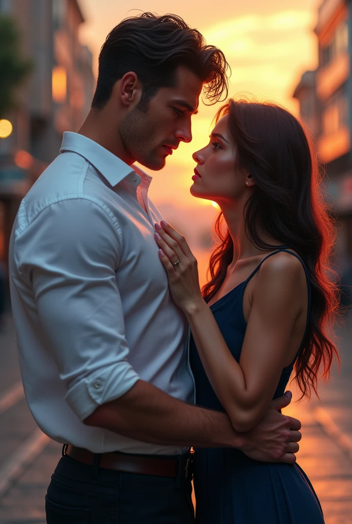Create a stunning hyper realistic photo of a tall very handsome man with blue eyes and very dark jet black hair,his white long sleeves should be rolled up his biceps and he should be standing before a young girl of 23 who has brown straight hair and very pretty,he should be holding her left hand
She might love somewhat unhappy though,she should be wearing a dark blue dress.

There should be a blur background of a city and the setting sun
