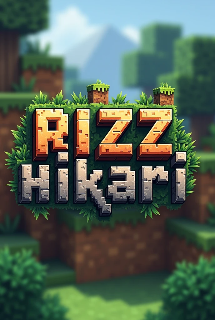 The rizz Hikari logo uses the Minecraft font on a Minecraft background