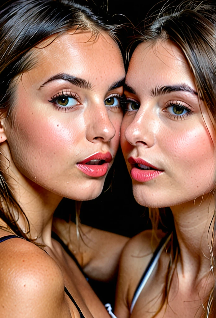 2 fille sexy au corps et au nez luisant qui s'embrasse
